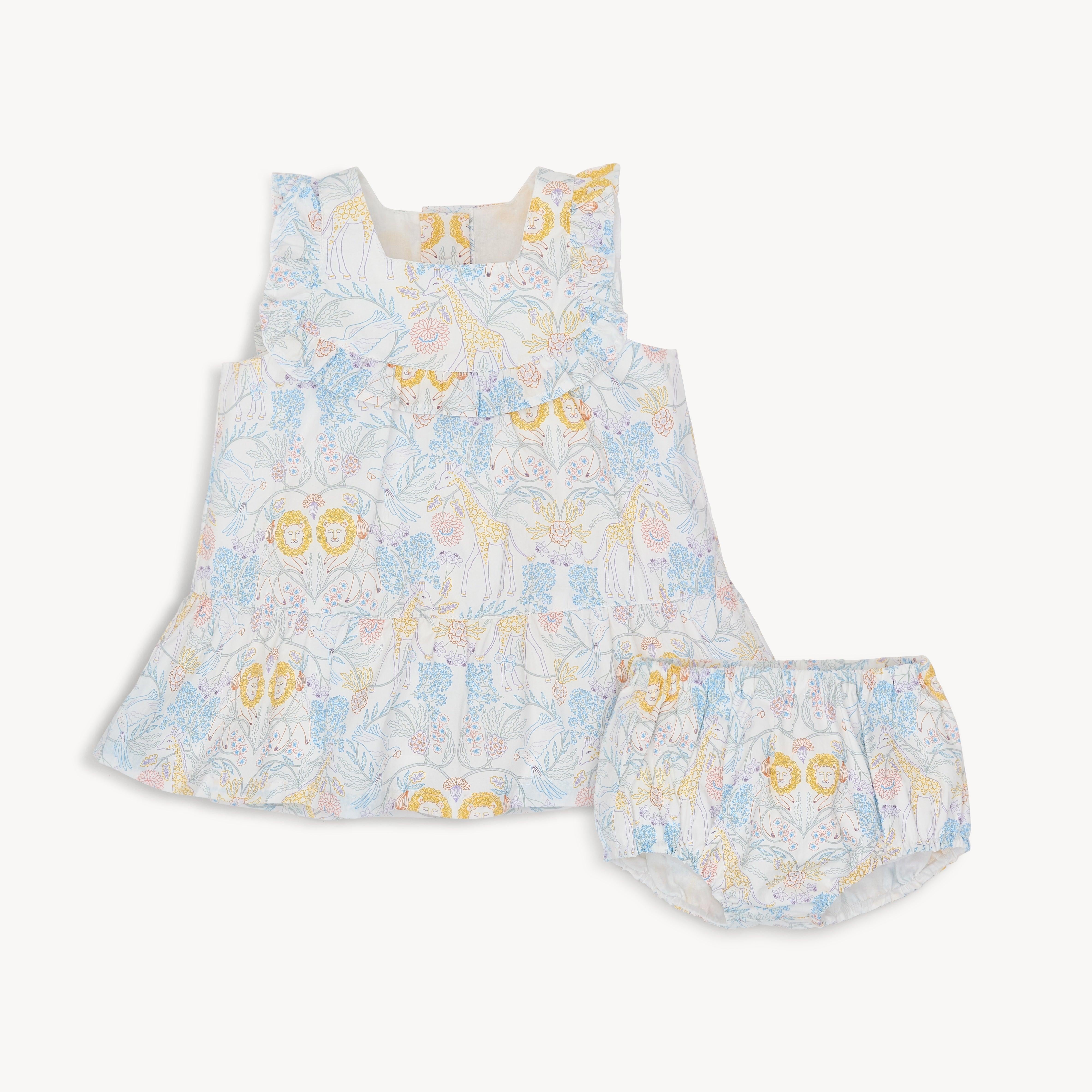 nikki menagerie cotton poplin magnetic little baby ruffle sleeve dress + diaper cover set