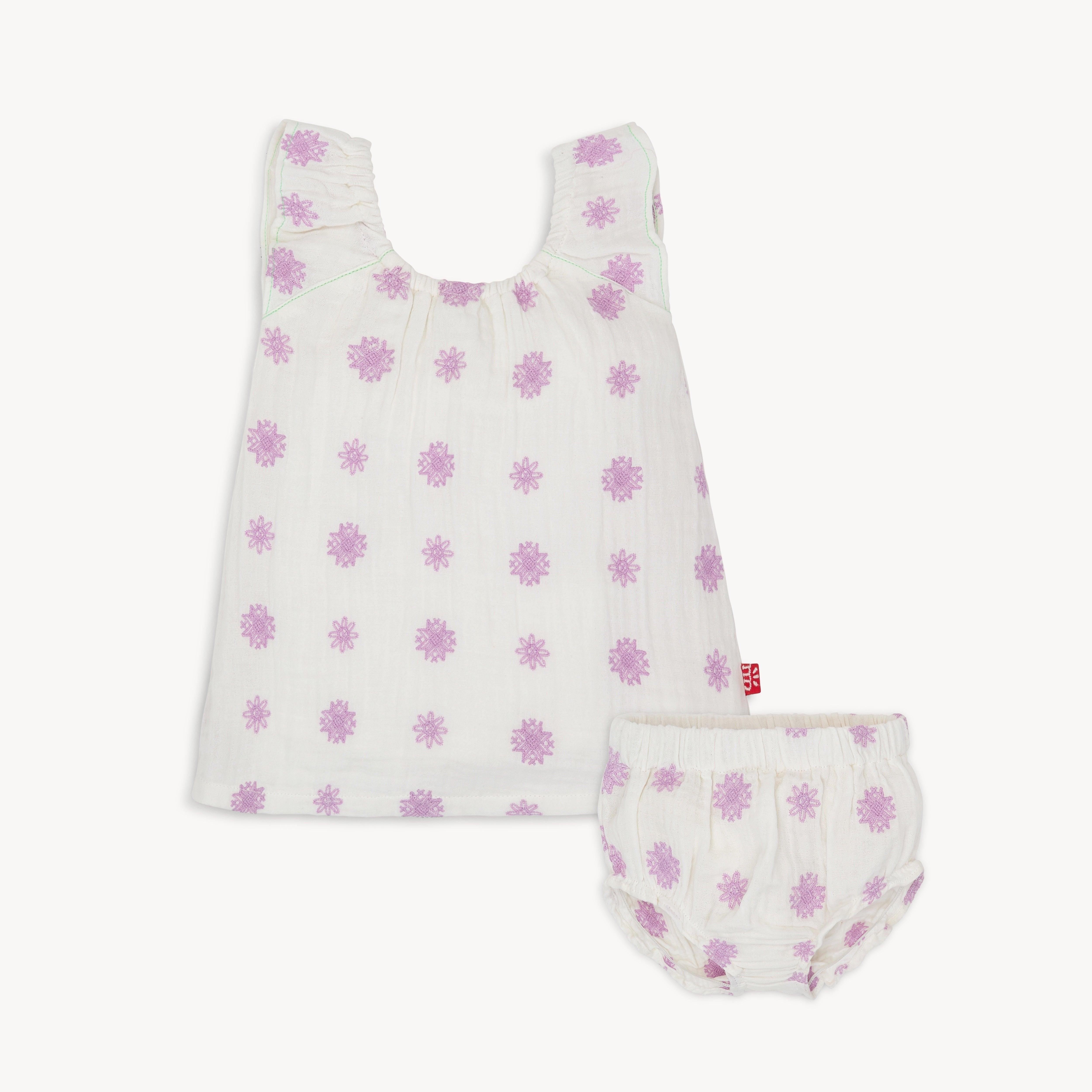 playground pals cotton gauze magnetic little baby short sleeve dress + diaper cover set
