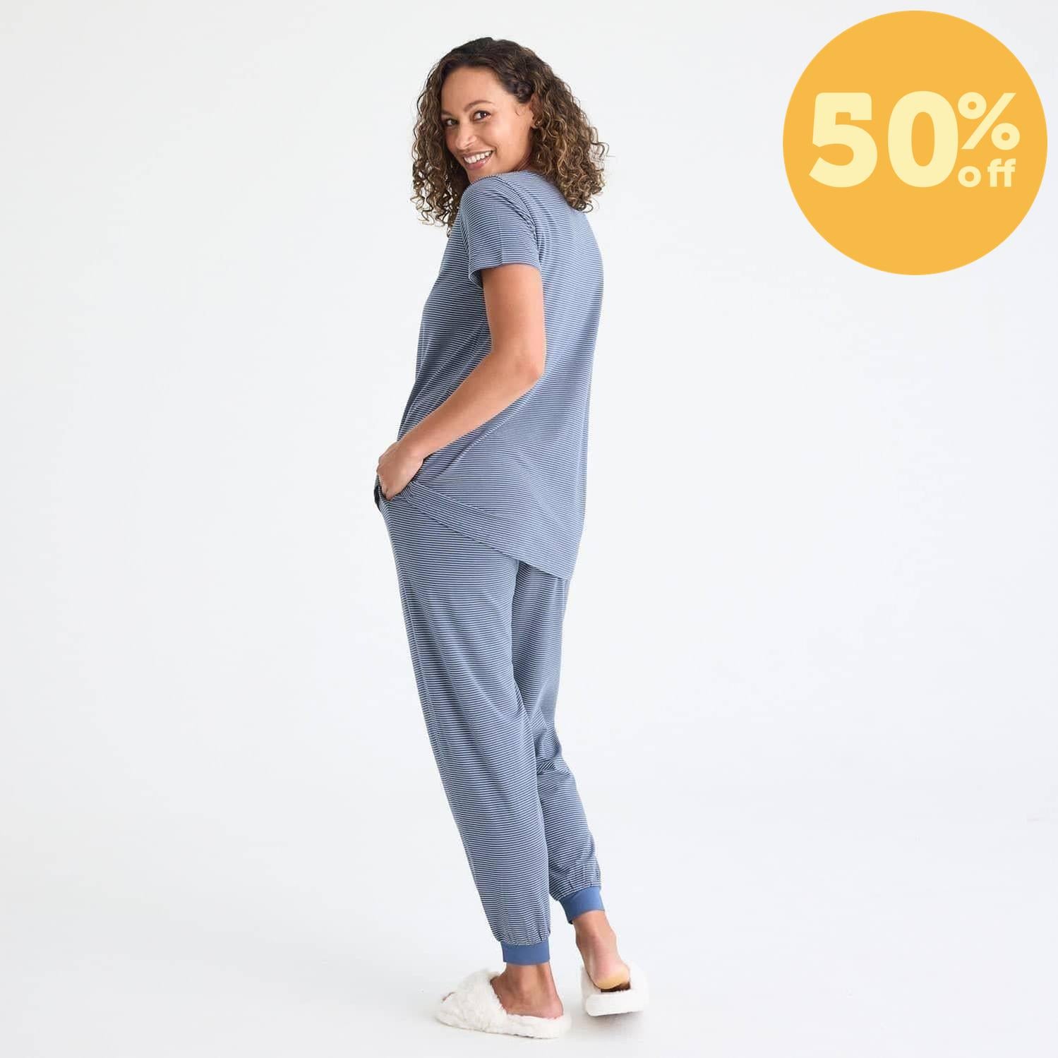 navy skinny stripe women's CloudStretch™ magnetic short sleeve jogger set