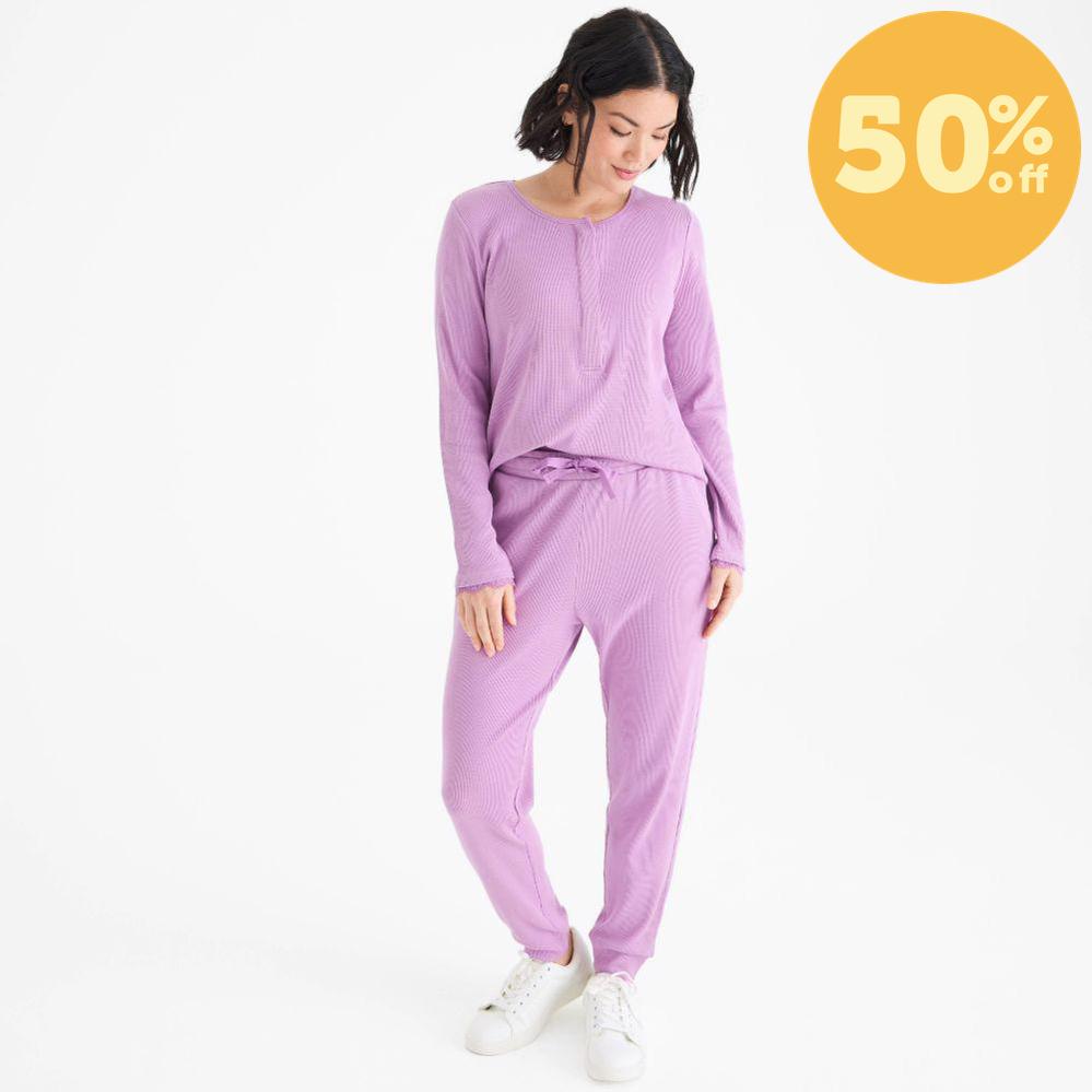 women's pink ribbon waffle modal magnetic long sleeve jogger set
