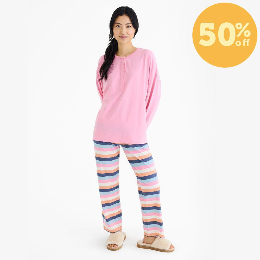 big multi stripe pink women's cloudstretch™ magnetic long sleeve pajama set