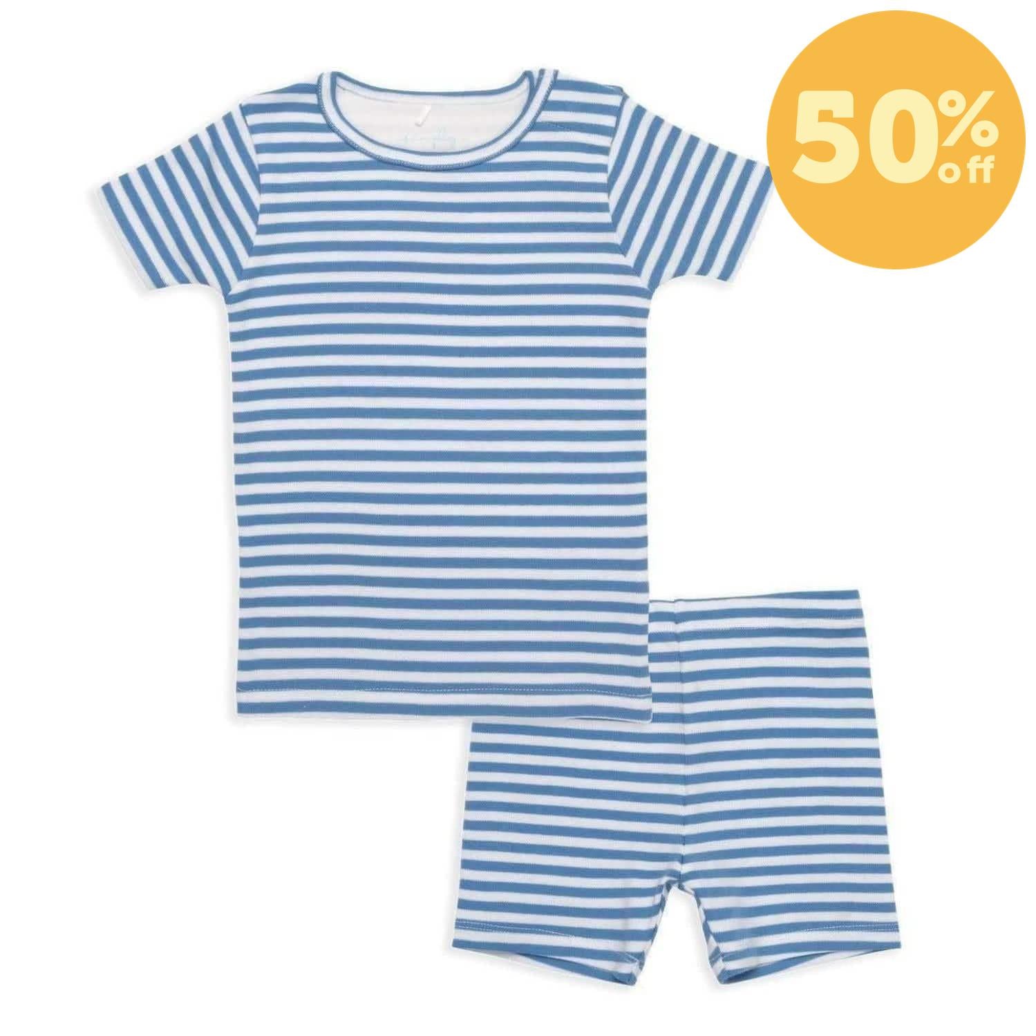 blue and white yarn-dye stripe organic cotton magnetic kids pajama shortie set