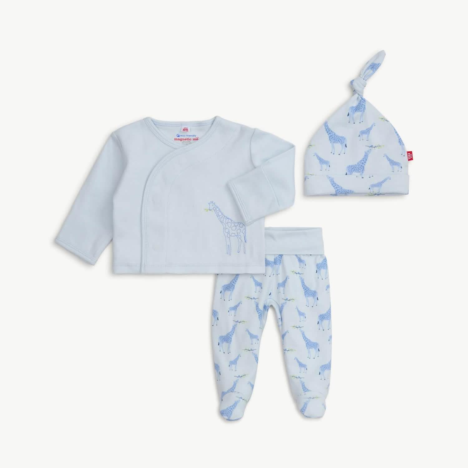 blue jolie giraffe organic cotton magnetic take-me-home kimono set