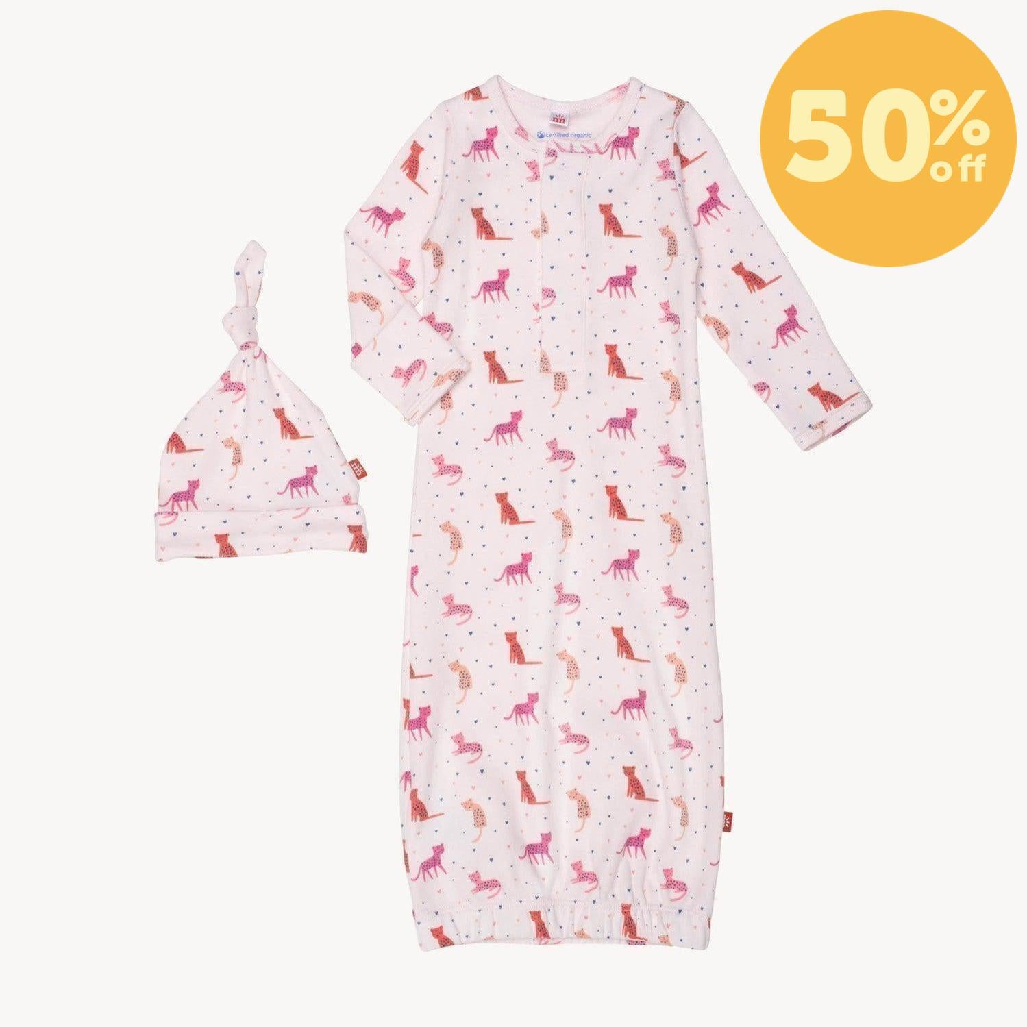 cheetah bonita organic cotton magnetic cozy sleeper gown + hat set