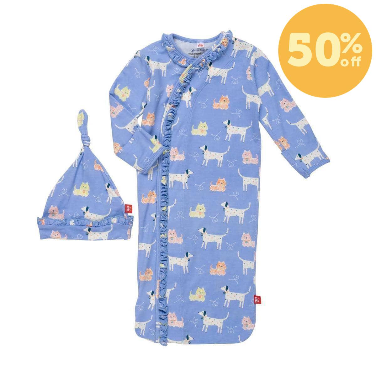 leash on life modal magnetic cozy sleeper gown + hat set with ruffles