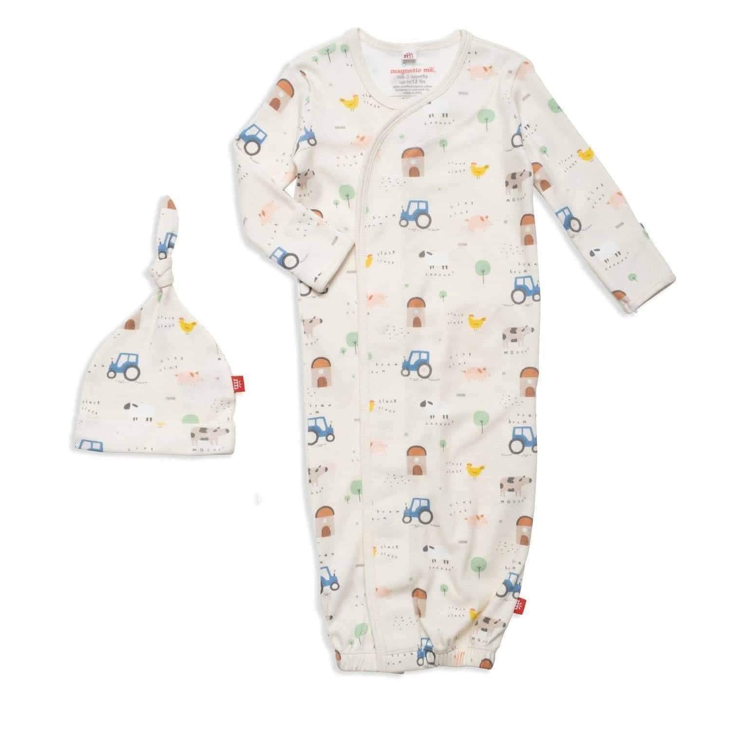 pasture bedtime organic cotton magnetic open bottom gown + hat set - re-loved