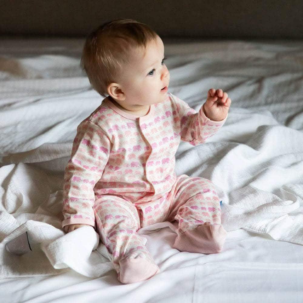 pink dancing elephants organic cotton magnetic parent favorite footie - re-loved