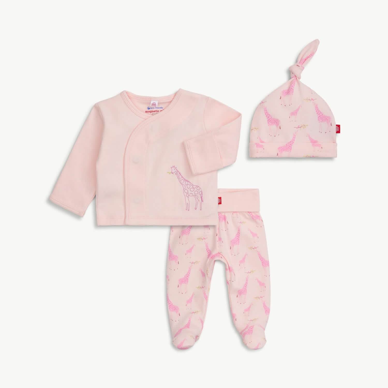 pink jolie giraffe organic cotton magnetic take-me-home kimono set