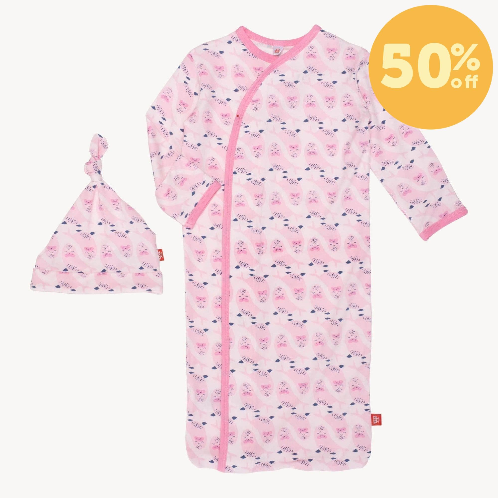 pink signed sealed delivered modal magnetic cozy sleeper gown + hat set