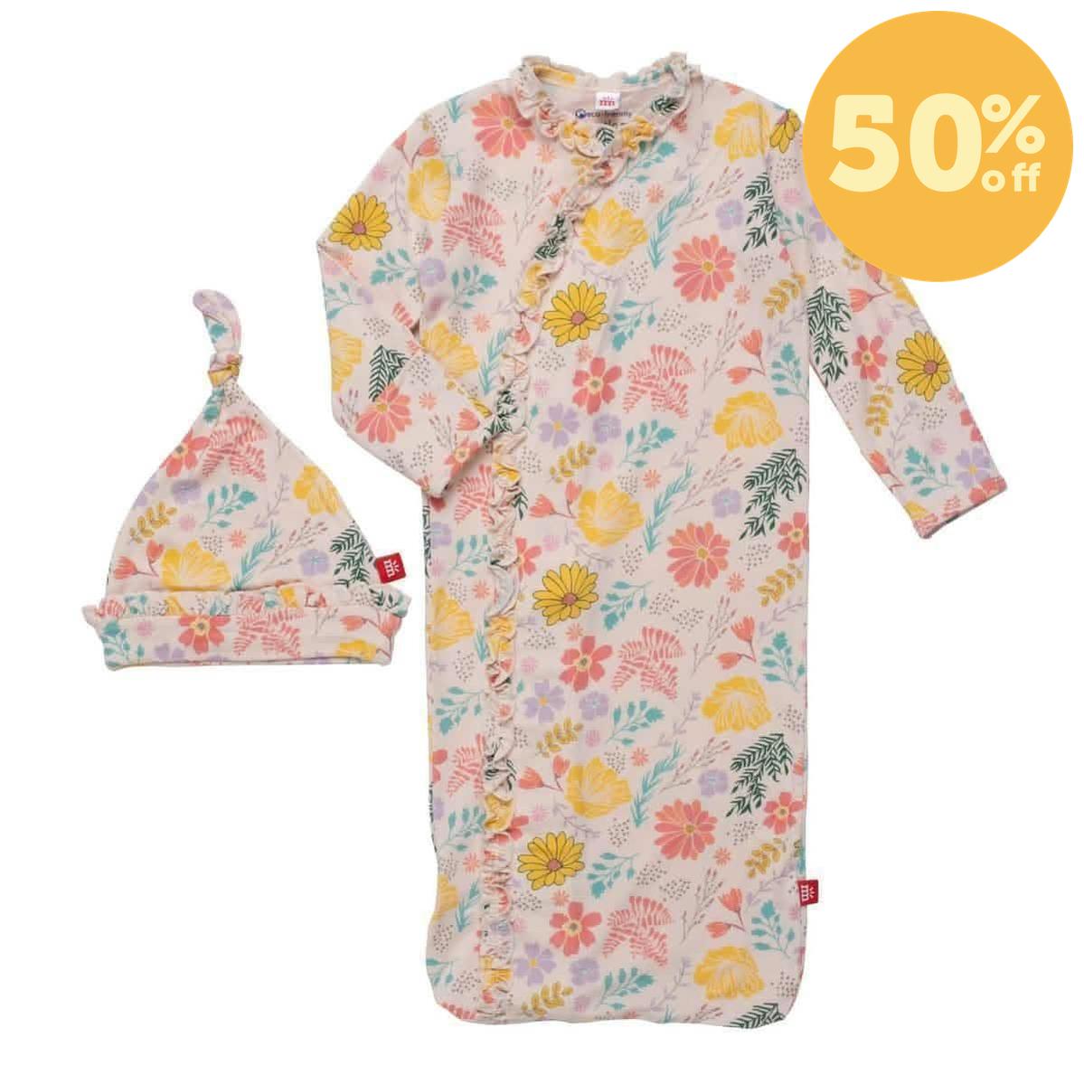 primrose cottage modal magnetic cozy sleeper gown + hat set with ruffles