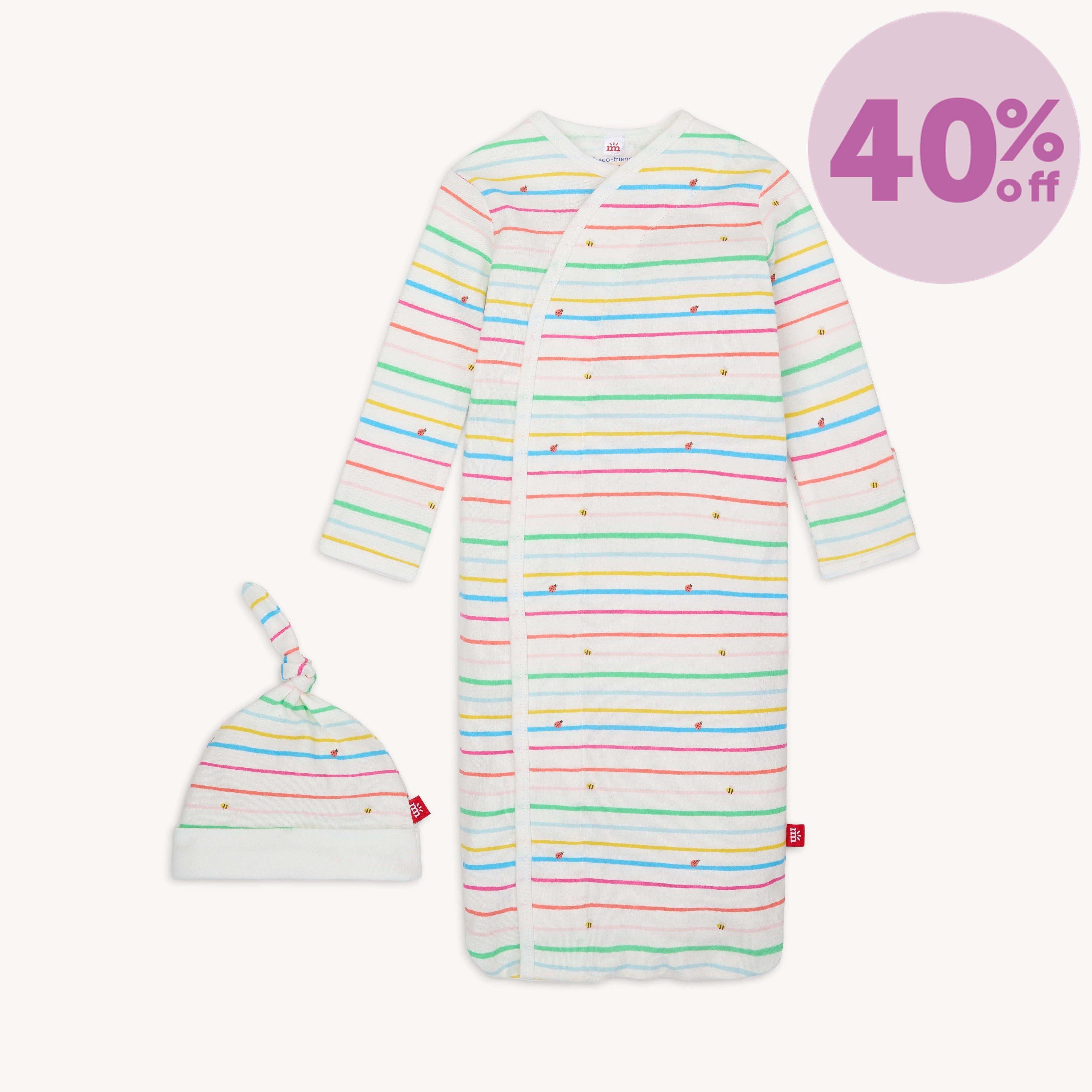 rainbow road organic cotton magnetic cozy sleeper gown + hat set