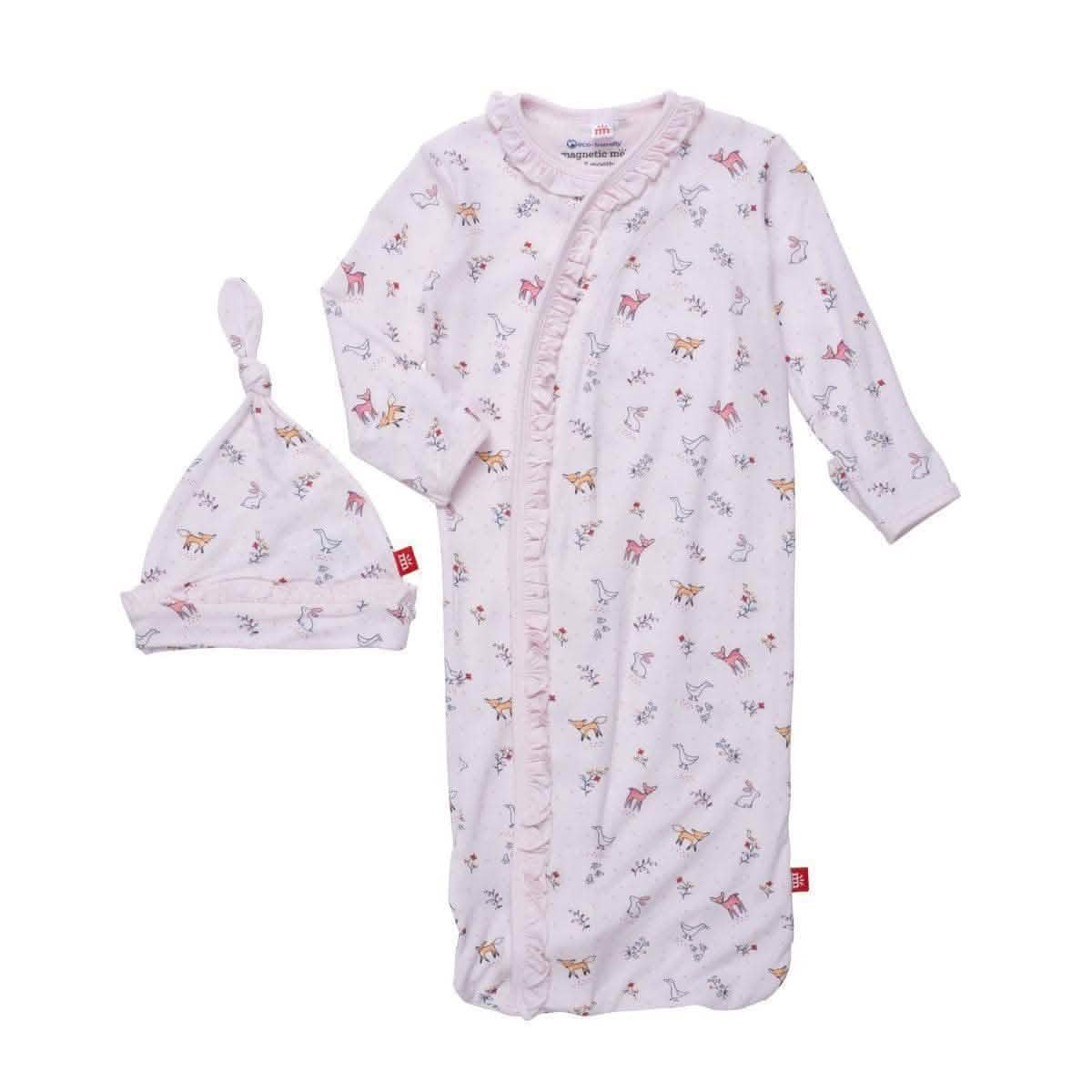 woodsy tale modal magnetic cozy sleeper gown + hat set with ruffles | pink - re-loved